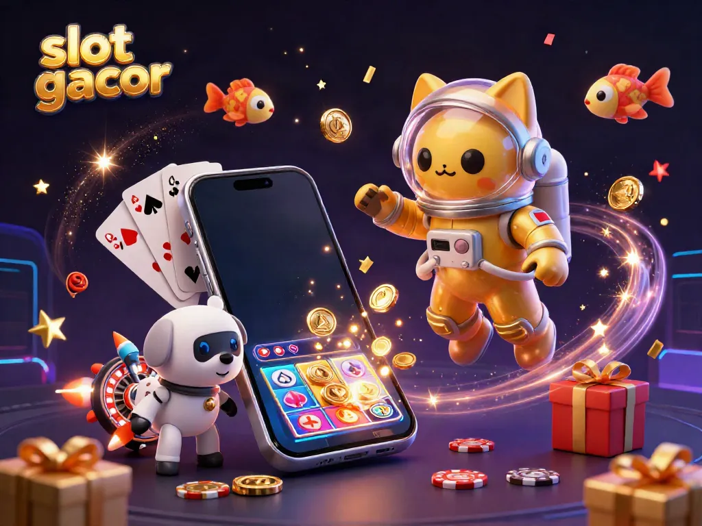 Experience slot gacor fun with a cartoon astronaut cat and robot dog amidst colorful casino elements.