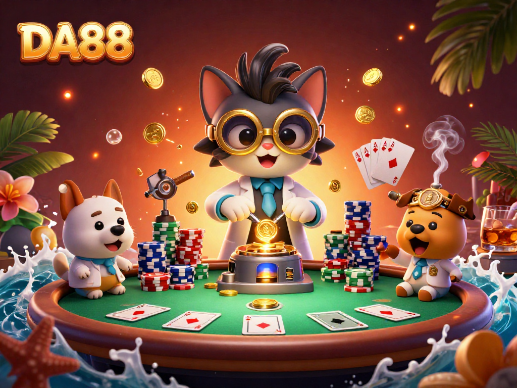 Engage with DA88 poker strategies featuring animated characters in a vibrant casino scene.