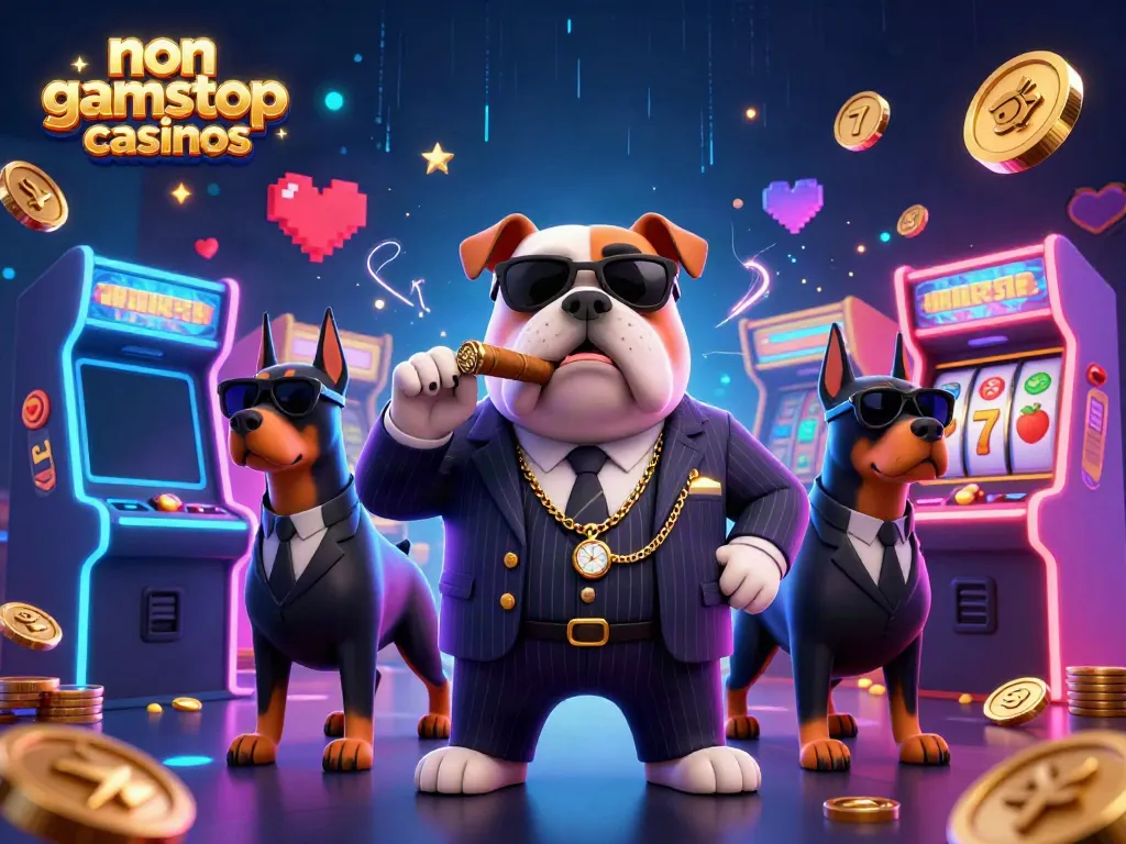Experience thrilling action at non gamstop casinos with a mafia boss and bodyguards amidst arcade games and slot machines.