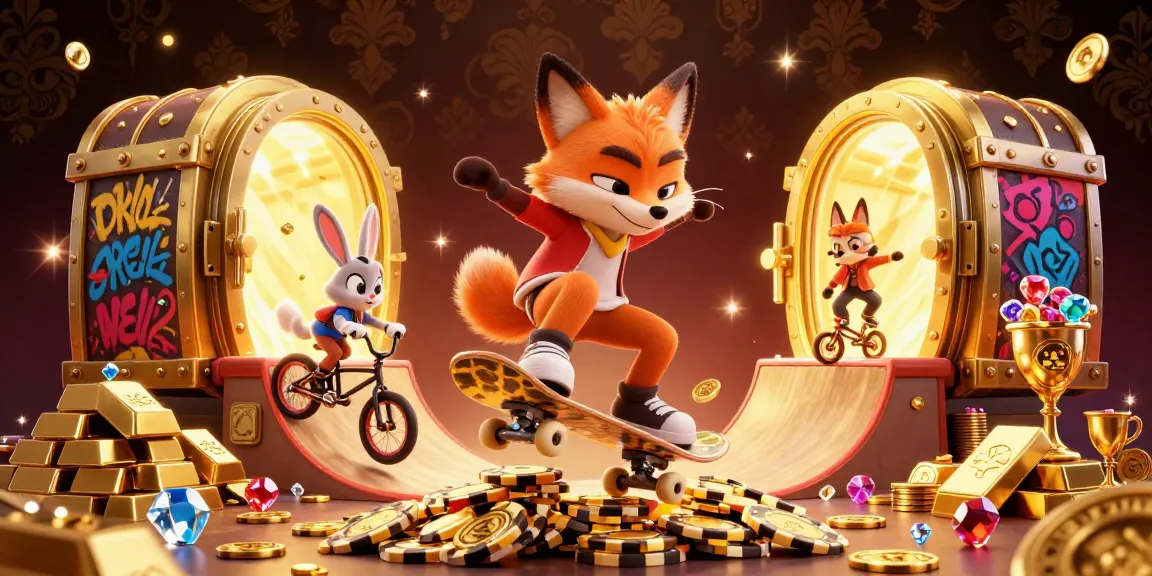 Experience the thrill of UK88 with a vibrant casino-themed scene featuring a skateboarder fox and BMX rabbit.