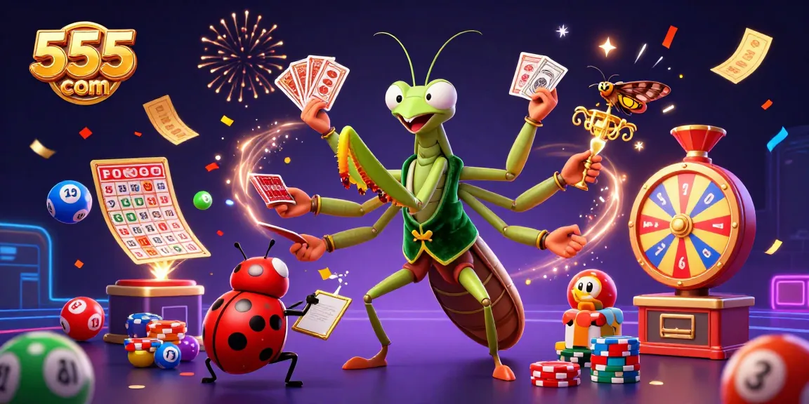 Engage in thrilling games at 555win com with a vibrant scene of cartoon characters and colorful game elements.