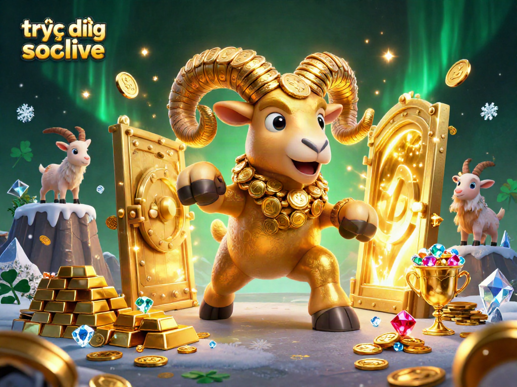 Experience trực tiếp bóng đá socolive with an engaging illustration of a golden ram amidst treasure.