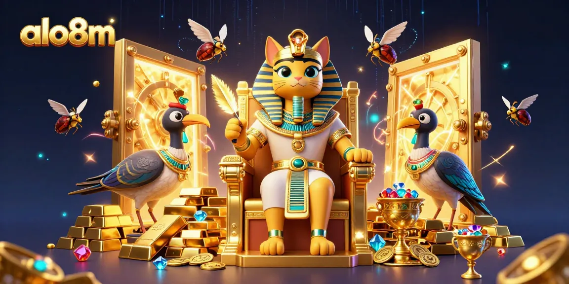 Win big with ALO8M in a vibrant casino scene featuring a pharaoh cat and treasures.