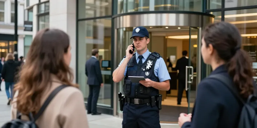 "Security Guard ensuring safety at a local London office entrance."