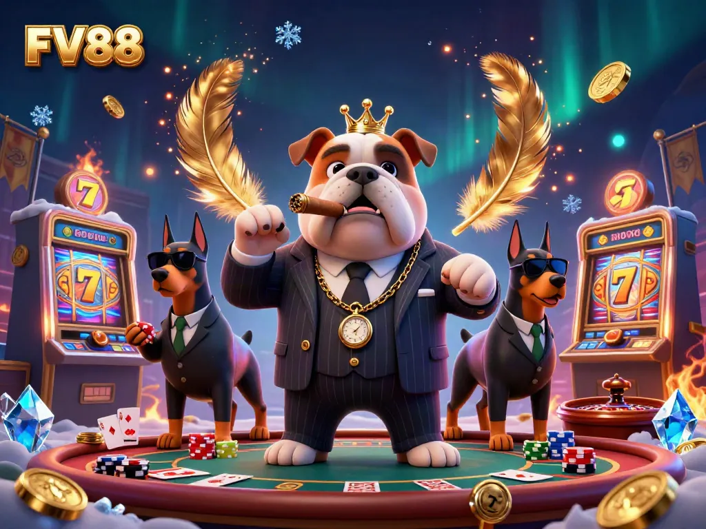 Experience the excitement of FV88 with a vibrant digital casino scene full of characters and game elements.