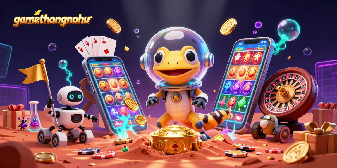 gamethuongnohu reveals a Martian gecko discovering a golden casino in a vibrant 3D illustration.