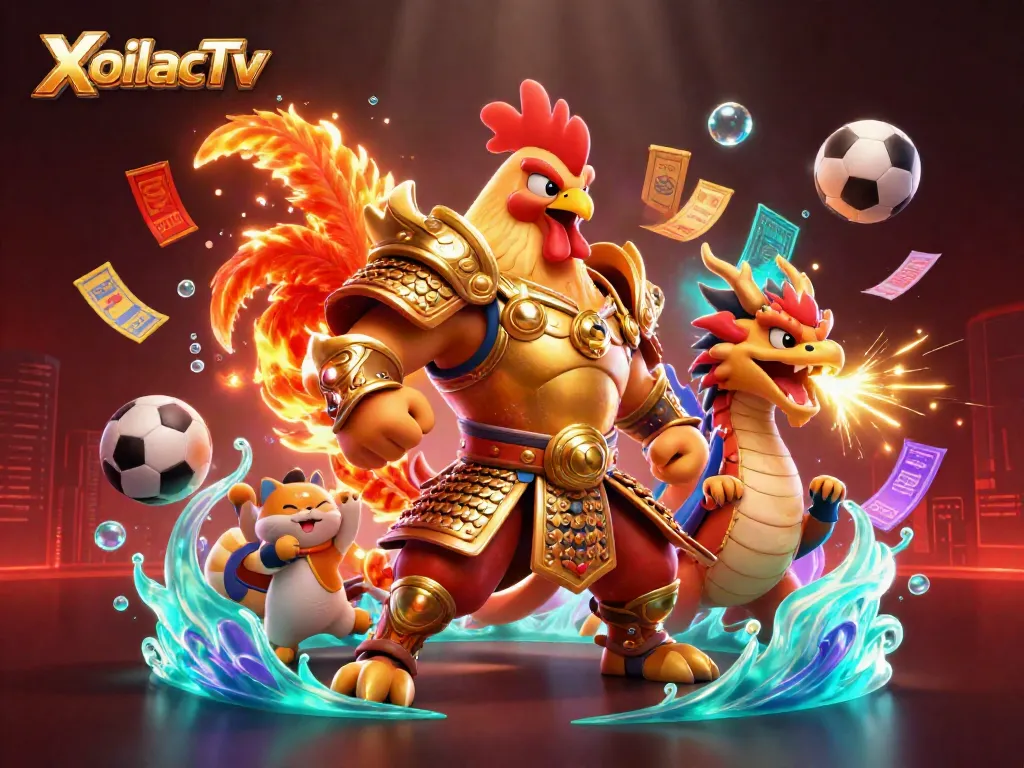XoilacTv showcases an action-packed 3D scene with a fighting rooster and dragon, surrounded by betting elements.