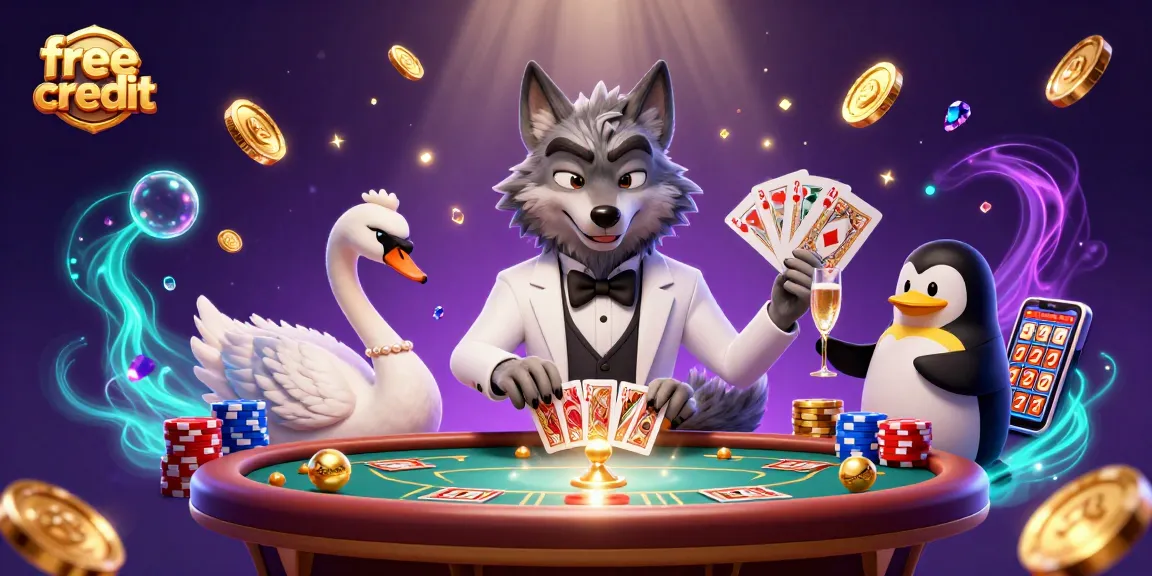 Experience free credit bonuses while playing with a debonair wolf and an elegant swan in a vibrant casino scene.
