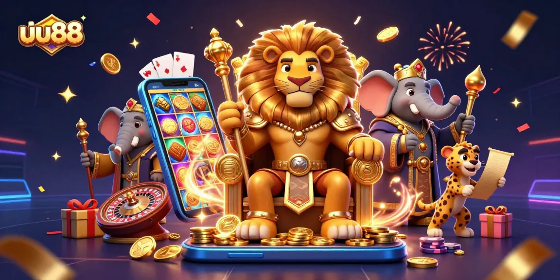 Experience the excitement of uu88 with a vibrant casino scene featuring a lion king and rich graphics.