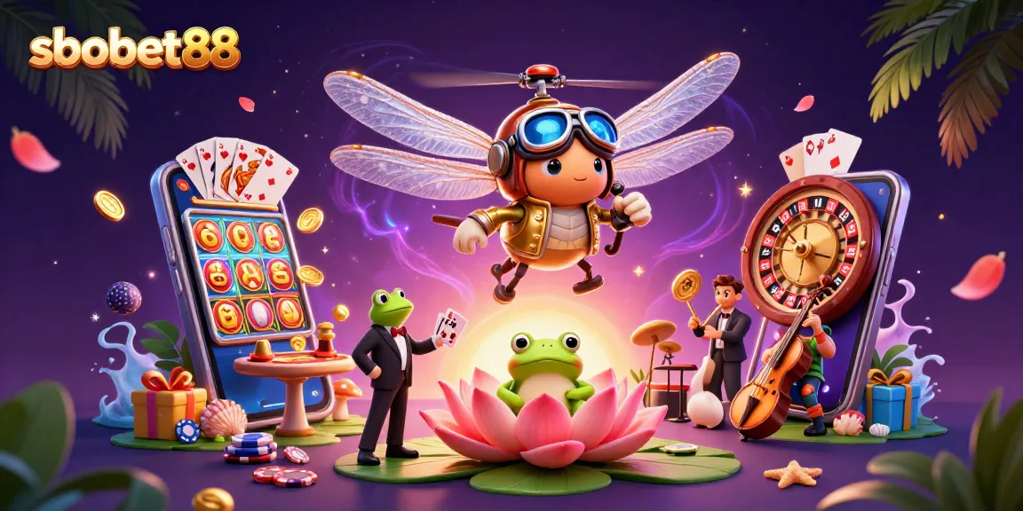 Sbobet88 gaming scene showcasing vibrant gambling elements with a dynamic dragonfly pilot and frog croupier