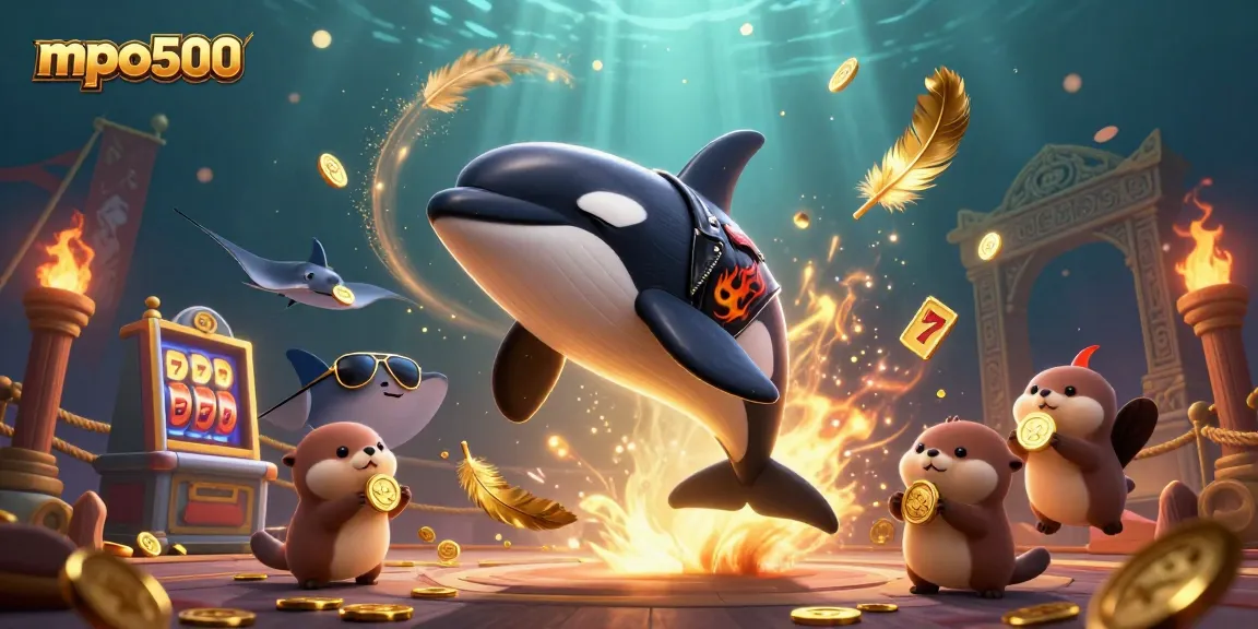 MPO500 casino image showcasing an orca whale and otters celebrating alongside slot machine elements.
