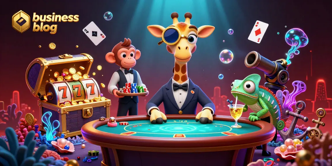Engage with the business blog featuring a high-roller giraffe and poker action in a lively casino scene.