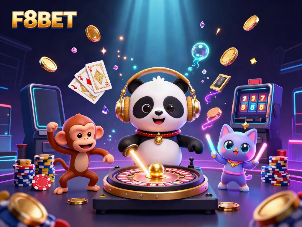 Experience the vibrant action of F8BET through a lively 3D illustration featuring gaming characters and casino elements.