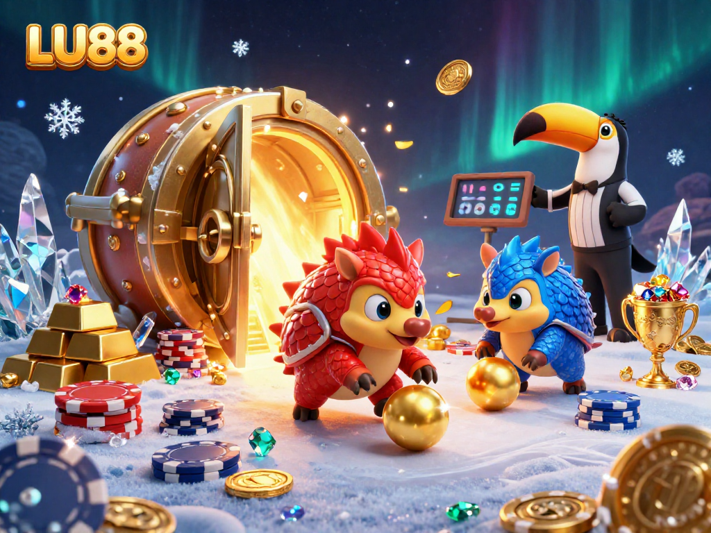 LU88 pangolins bowling through poker chips in a vibrant 3D casino scene.