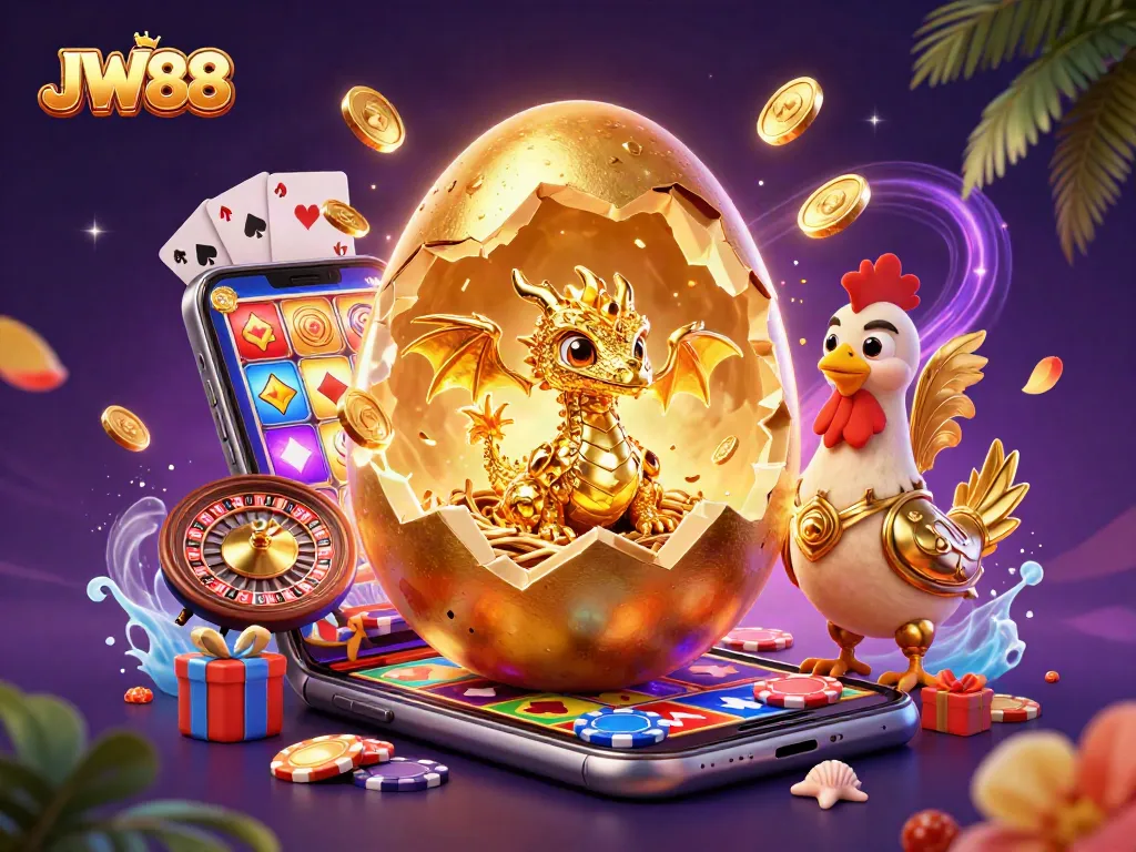 Experience JW88's thrilling gaming atmosphere with a golden dragon, poker chips, and vibrant slot graphics.