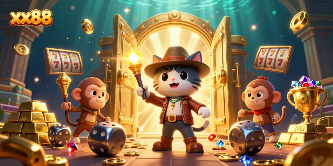 Engage in thrilling gameplay at xx88 with a vibrant illustration showcasing casino treasures and adventure.
