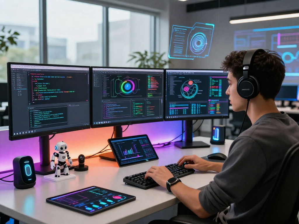 AI developer coding complex nsfw ai algorithms in a vibrant digital workspace.