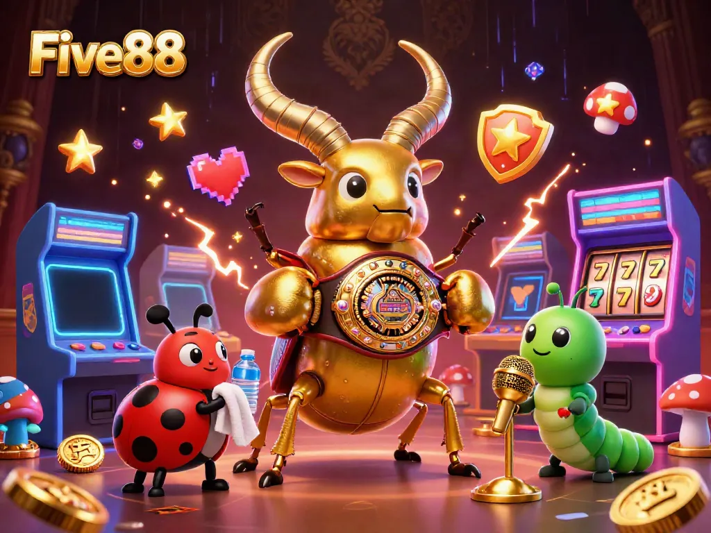 Experience thrilling gameplay with Five88's golden beetle champion in a vibrant casino scene.