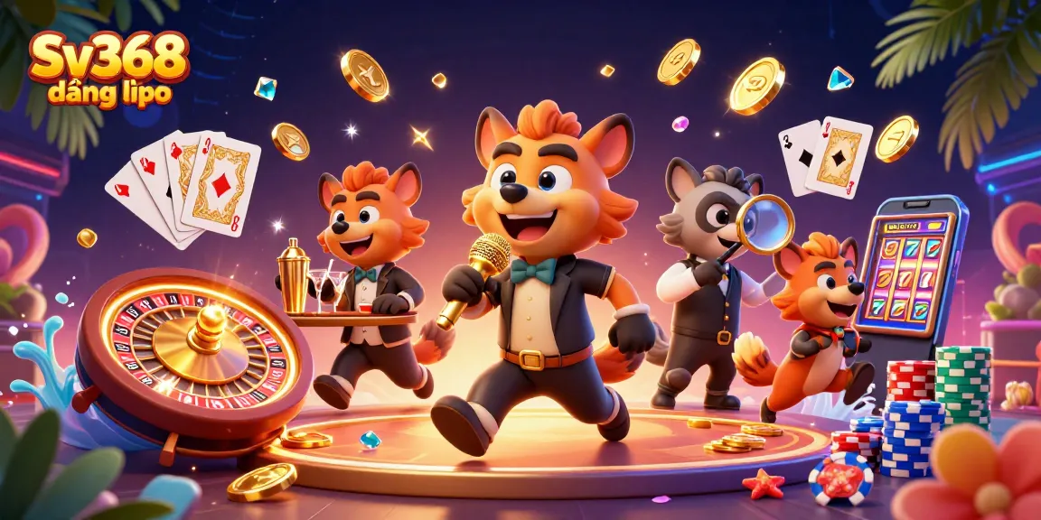 Engage with Sv368 đăng nhập, featuring lively hyenas in a comedy casino scene under vibrant lights.