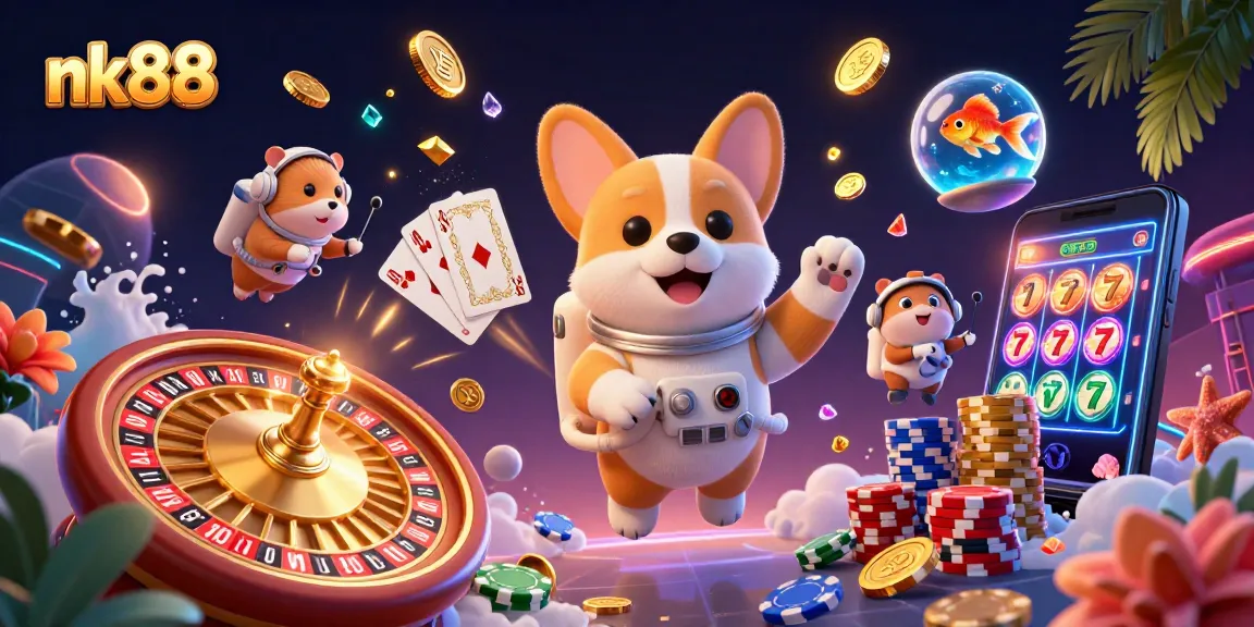 Engage with the nk88 gaming universe in a dynamic zero-gravity casino scene full of excitement and vibrant elements.