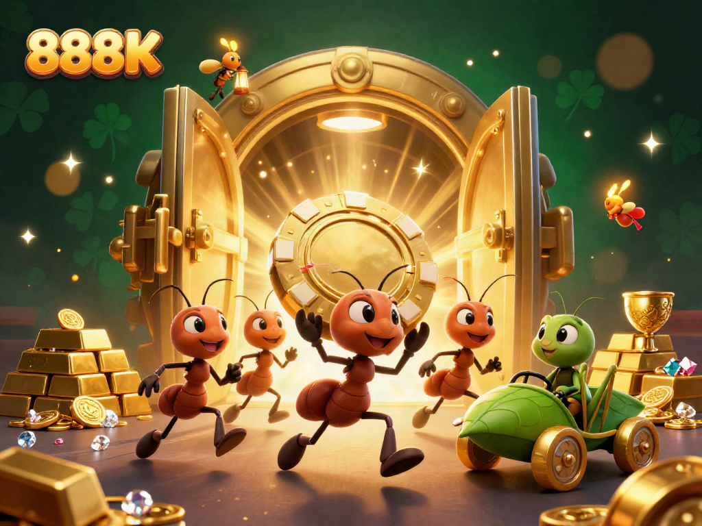 Experience thrilling moments at 888K gaming with a casino heist visual of ants on the run.