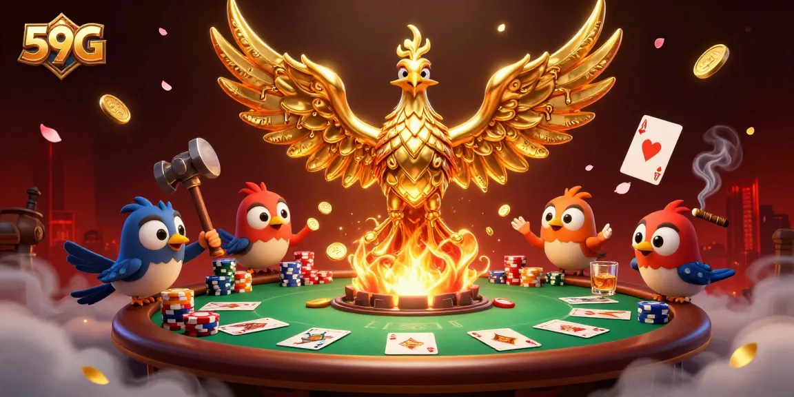 Experience the thrill of 59G with ultra-detailed poker action featuring gold phoenix and vibrant game elements.