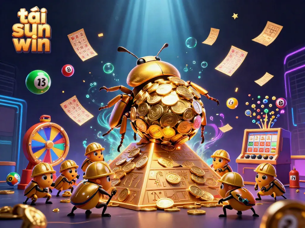 Experience the thrill of tải sun win with colorful lottery balls and golden coins in a dynamic casino illustration.
