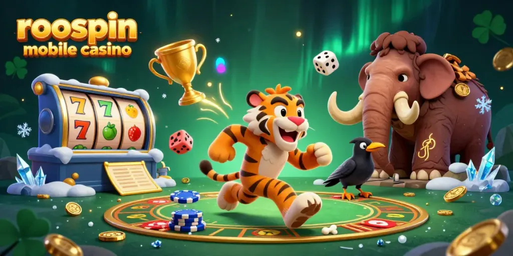 Experience the exciting features of the roospin mobile casino in a vibrant 3D illustration with unique characters and elements.