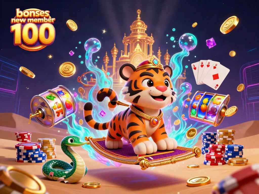 Engage in thrilling luck with bonus new member 100, featuring a tiger sultan and vibrant gaming elements.