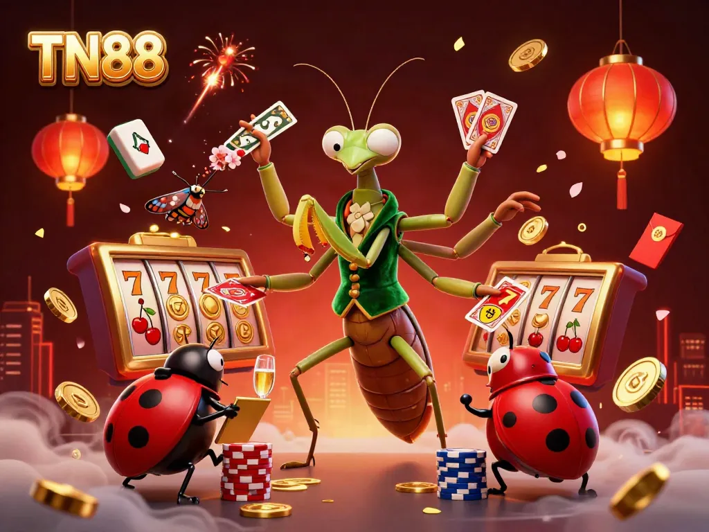 Experience TN88's thrilling casino action with a giant praying mantis and pit boss in a vibrant setting.