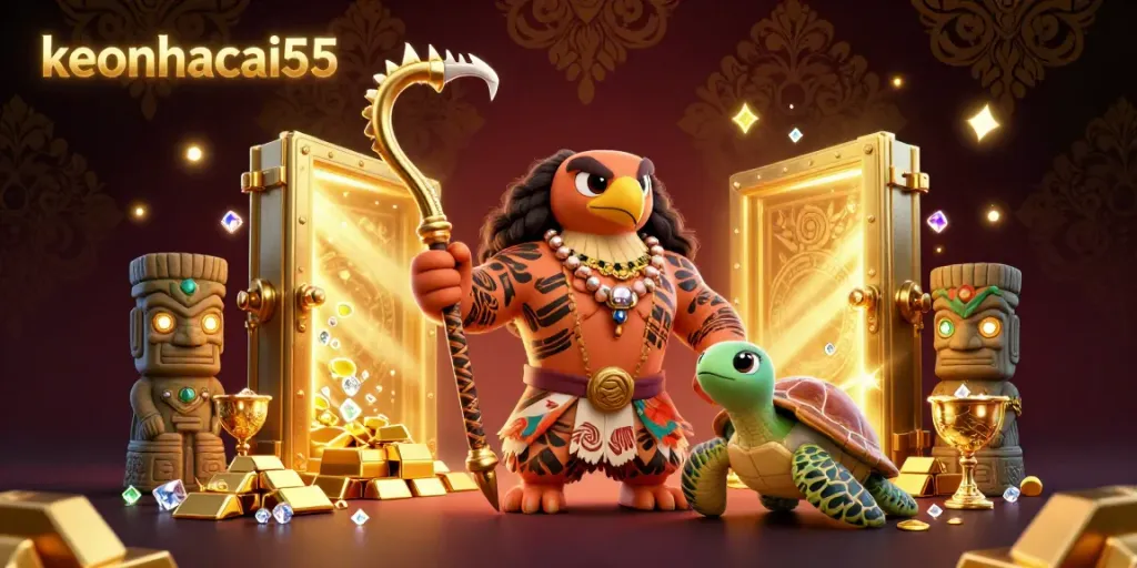 Engage with keonhacai55's immersive 3D scene featuring a demigod and treasure, highlighting winning strategies.