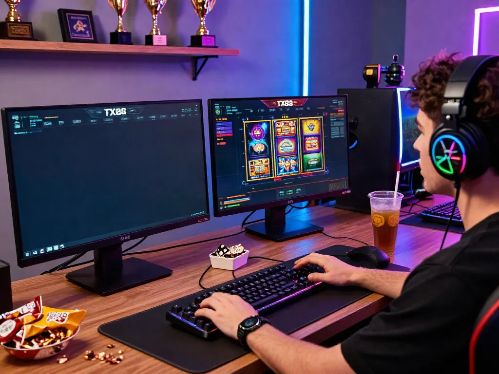 Player engaging with tx888 online casino games in a vibrant gaming setup.