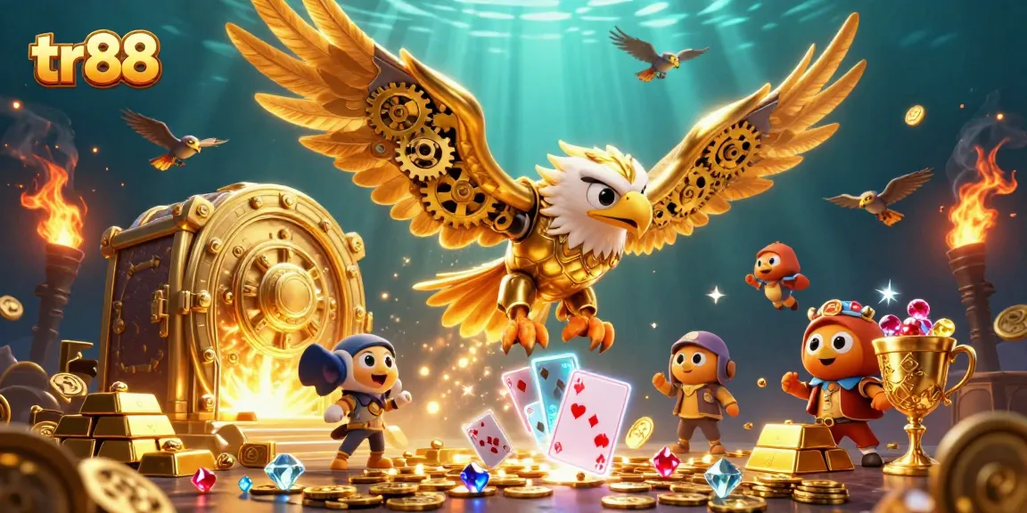 Experience thrilling action at tr88 with a golden eagle navigating through holographic cards and treasures.