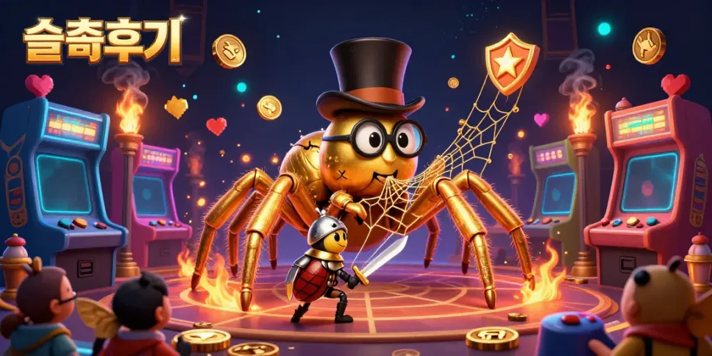 Engage with exciting 슬롯후기 experiences as a golden tarantula and beetle knight navigate a vibrant casino scene.