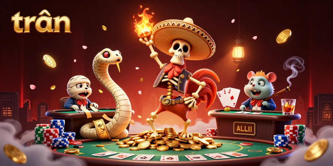 Experience the vibrant victory dance of trần characters amidst a lively casino scene packed with poker action.
