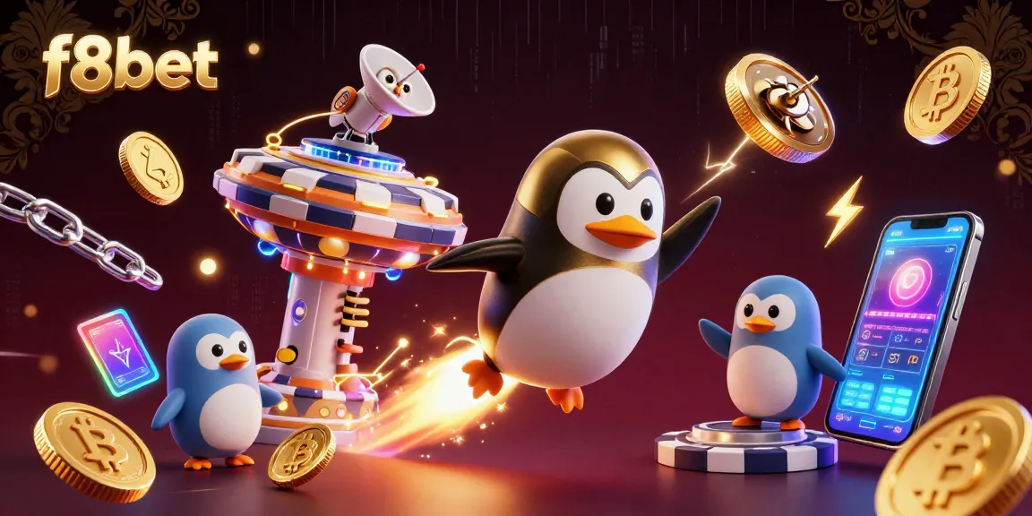 Experience thrilling gameplay at f8bet, featuring a vibrant 3D scene of a golden penguin and casino elements.