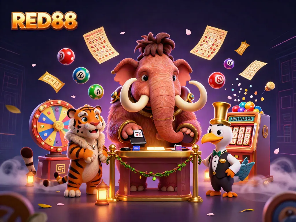 Engage with RED88's vibrant 3D casino scene featuring a mammoth bouncer, VIP saber-tooth, and festive elements.