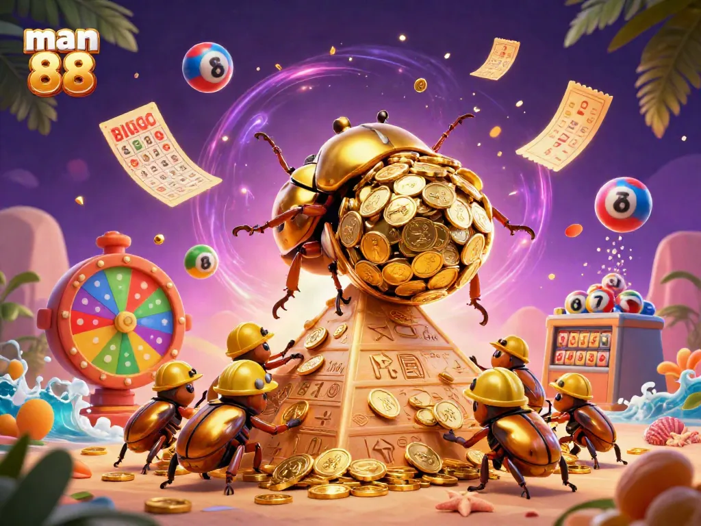 Experience thrilling gameplay in man 88 with a vibrant 3D casino-themed scene featuring golden beetles.