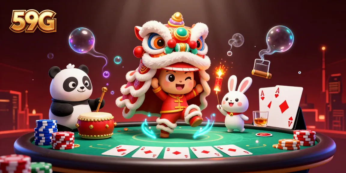 Win at 59G with an engaging casino scene featuring a lively lion dance and poker elements.