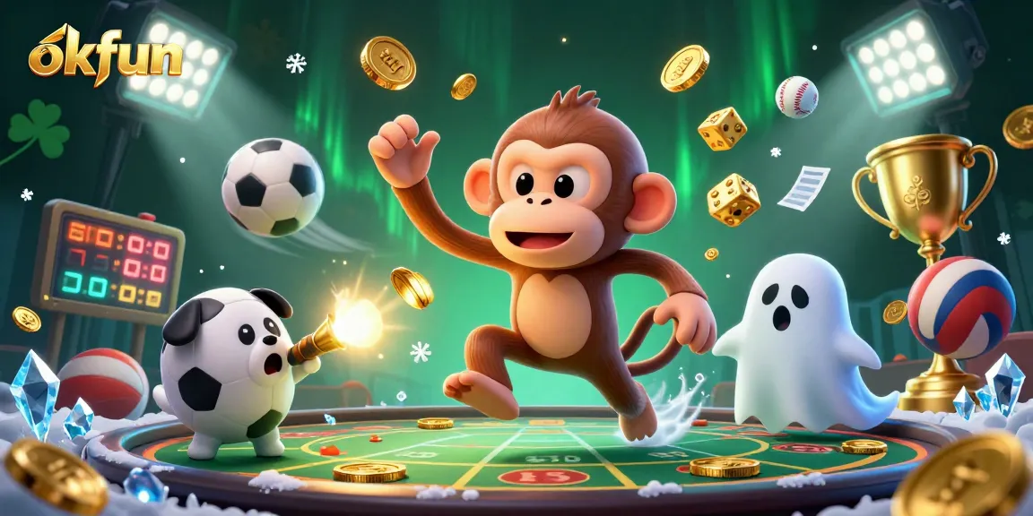 Engage with okfun as the mischievous poltergeist monkey juggles golden coins and cards in a haunted casino scene.
