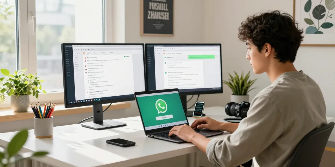 Downloading WhatsApp下載 on a laptop at a modern home office.