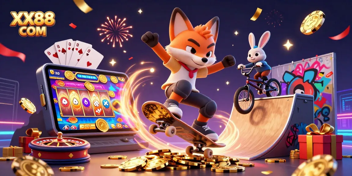 Engage with thrilling games at XX88 COM featuring a playful fox and rabbit amid casino excitement.