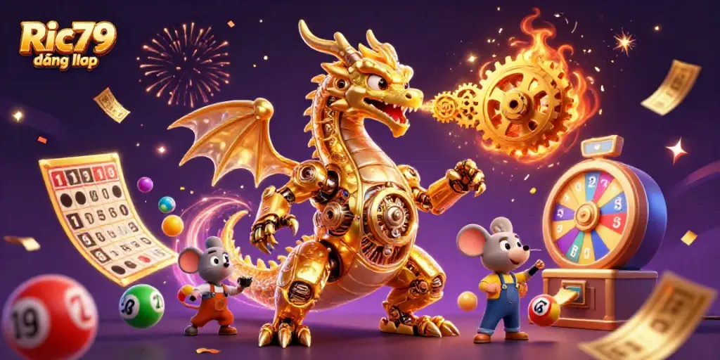 Experience Ric79 đăng nhập at a vibrant casino scene with a golden dragon and animated game elements.