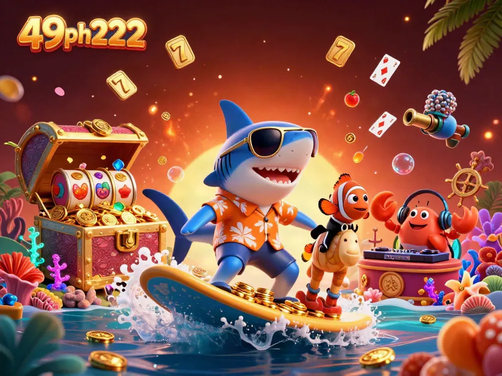 Join the fun with 49ph222 as our shark surfs on coins amid colorful casino symbols.