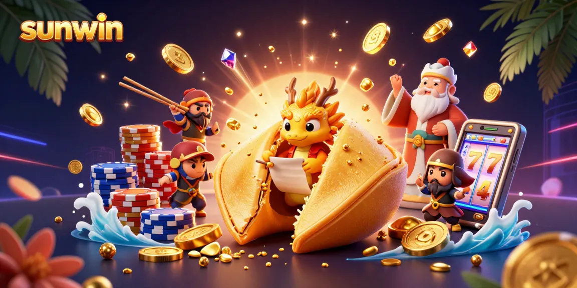 Sunwin showcases a vibrant gaming scene with golden fortune cookie, happy dragon, and dynamic casino elements.