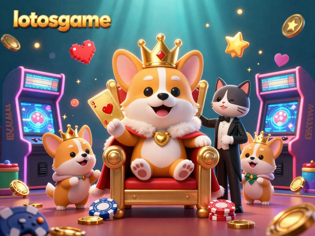 Experience the vibrant world of lotosgame with an animated casino scene featuring a royal corgi and its companions.