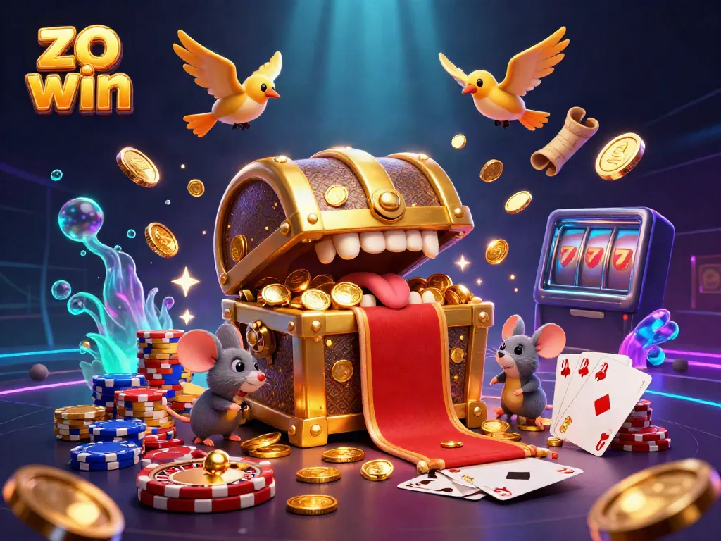 Experience the thrill of zo win as treasure chests and golden coins create a vibrant casino scene.