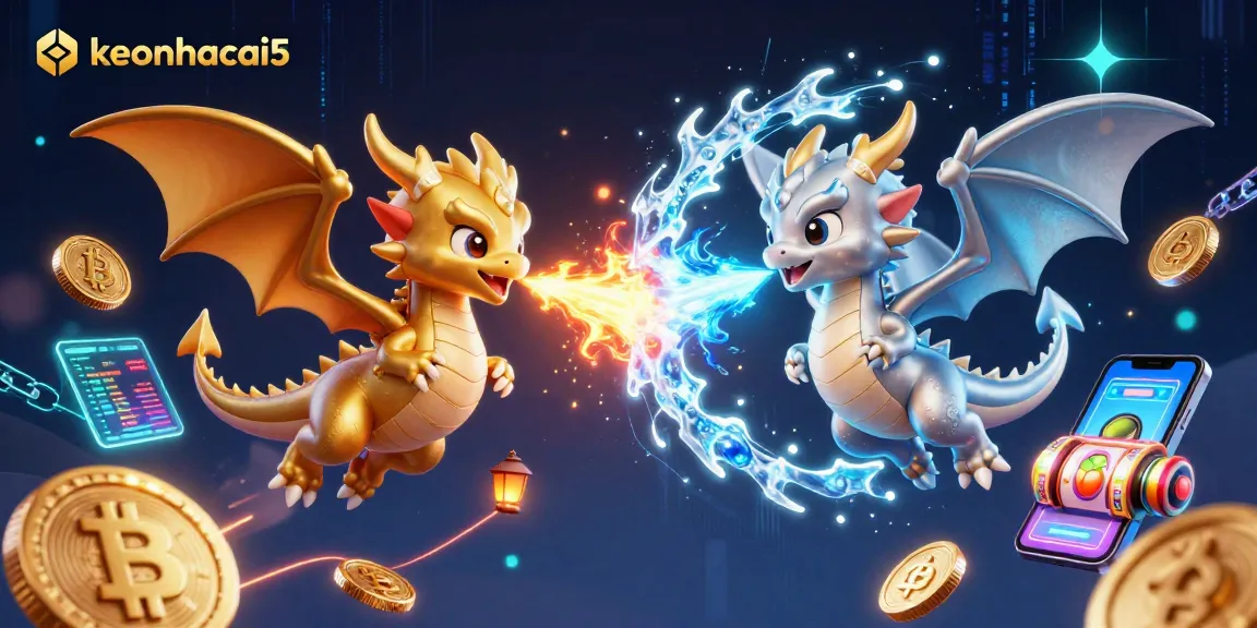 Engage with keonhacai5 through vibrant 3D dragons, crypto coins, and slot elements in a mystical casino scene.