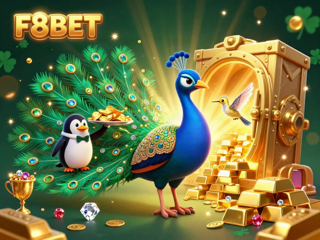 Experience the thrilling atmosphere of F8BET with this captivating 3D casino scene featuring vibrant characters and dazzling treasures.