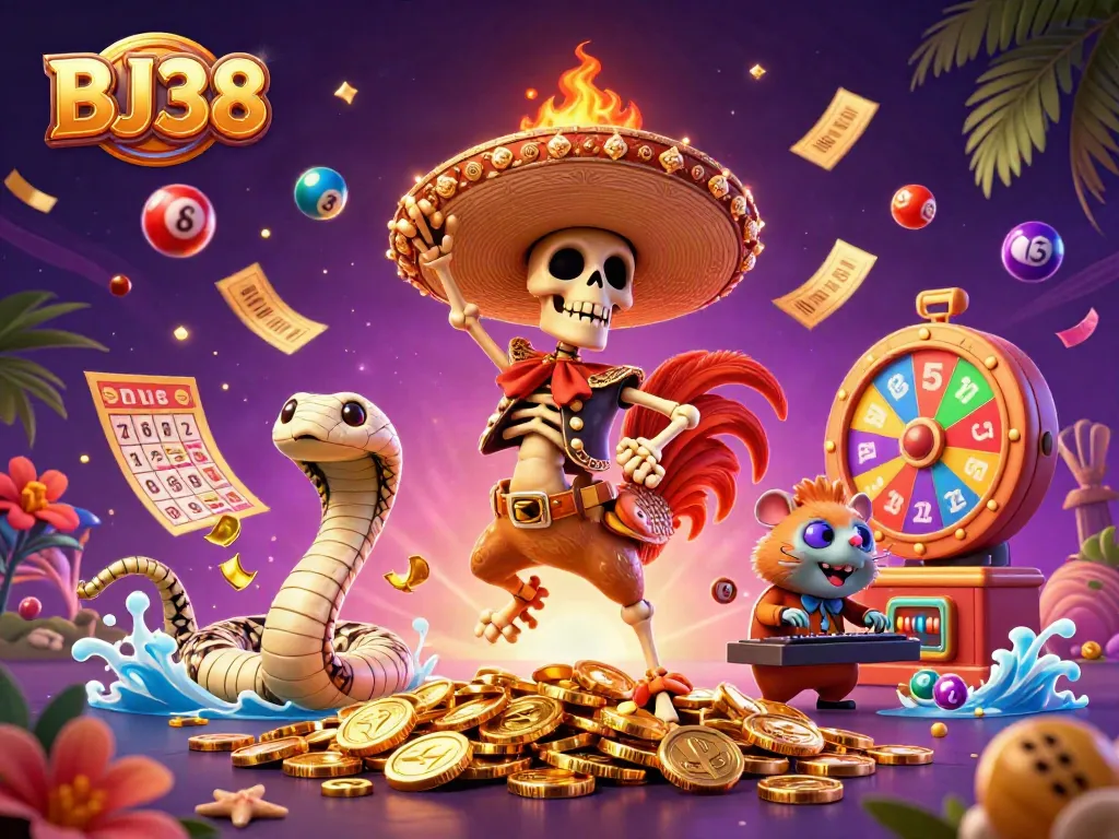 Engage with BJ38's thrilling victory scene featuring animated casino elements around festive characters.